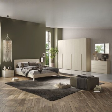 Camera da letto con armadio 6 ante battenti e letto matrimoniale in legno colore olmo Corinna