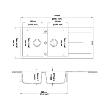 Enigma D200 lavello 2 vasche e gocciolatoio nero