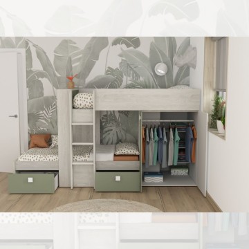 Letto a castello 1268 bianco vintage e verde con armadio e cassetti