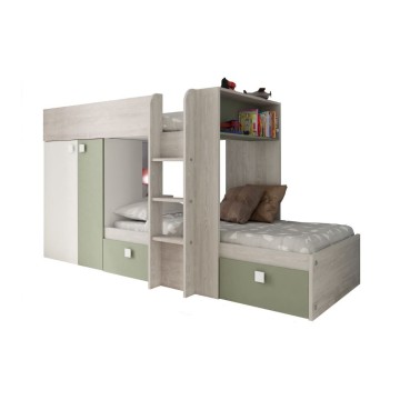 Letto a castello 1268 bianco vintage e verde con armadio e cassetti