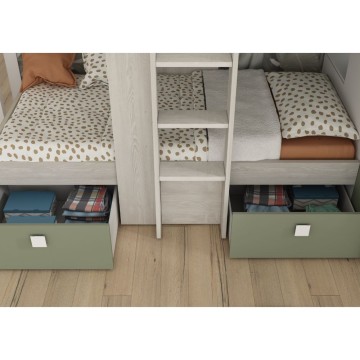 Letto a castello 1268 bianco vintage e verde con armadio e cassetti