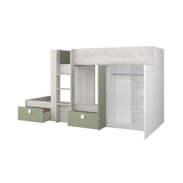 Letto a castello 1268 bianco vintage e verde con armadio e cassetti