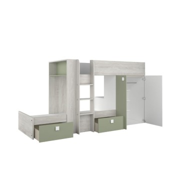 Letto a castello 1268 bianco vintage e verde con armadio e cassetti