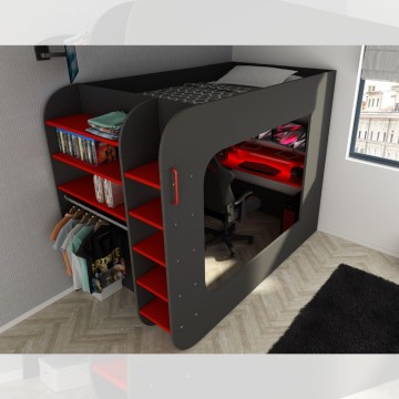 Letto a soppalco 5000 con postazione gamer antracite rosso
